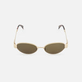CELINE Oval Gold Sunglasses feature gold metal accents and dark tinted lenses, embodying the timeless elegance of the French fashion house. Displayed on a white background, these sunglasses define ultimate luxury.