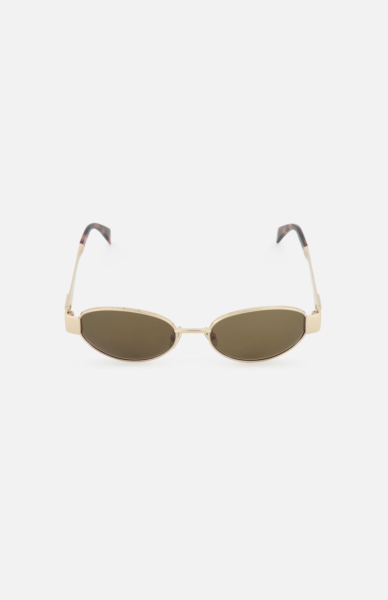 CELINE Oval Gold Sunglasses feature gold metal accents and dark tinted lenses, embodying the timeless elegance of the French fashion house. Displayed on a white background, these sunglasses define ultimate luxury.