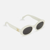 The CELINE White Oval Sunglasses feature dark lenses and a gold emblem on the side, showcasing the timeless elegance of the French fashion house against a plain white background.
