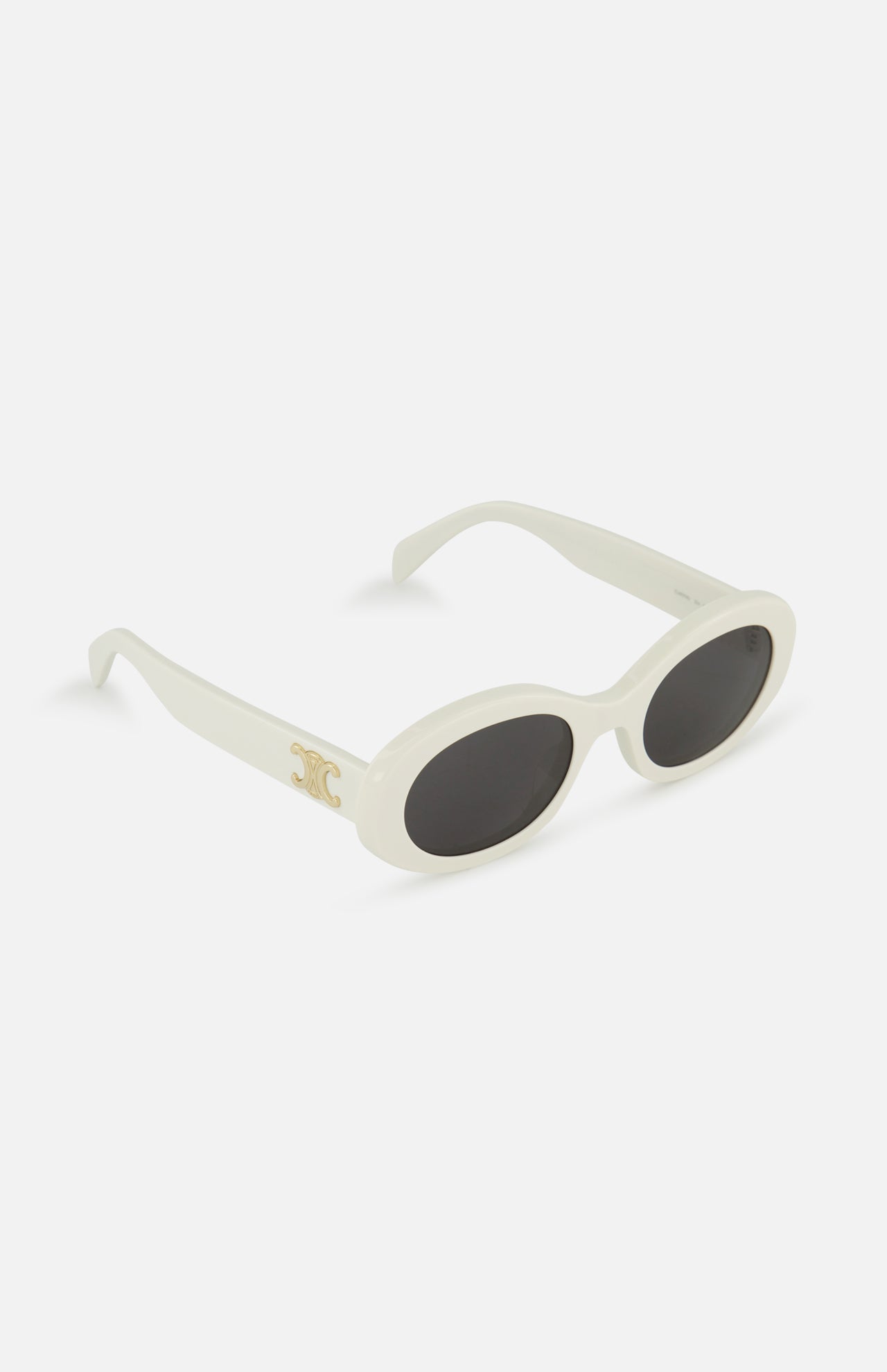 The CELINE White Oval Sunglasses feature dark lenses and a gold emblem on the side, showcasing the timeless elegance of the French fashion house against a plain white background.
