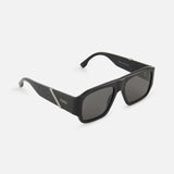 FENDI Square Black Sunglasses with dark lenses and metallic logo details on the arms are shown on a white background.