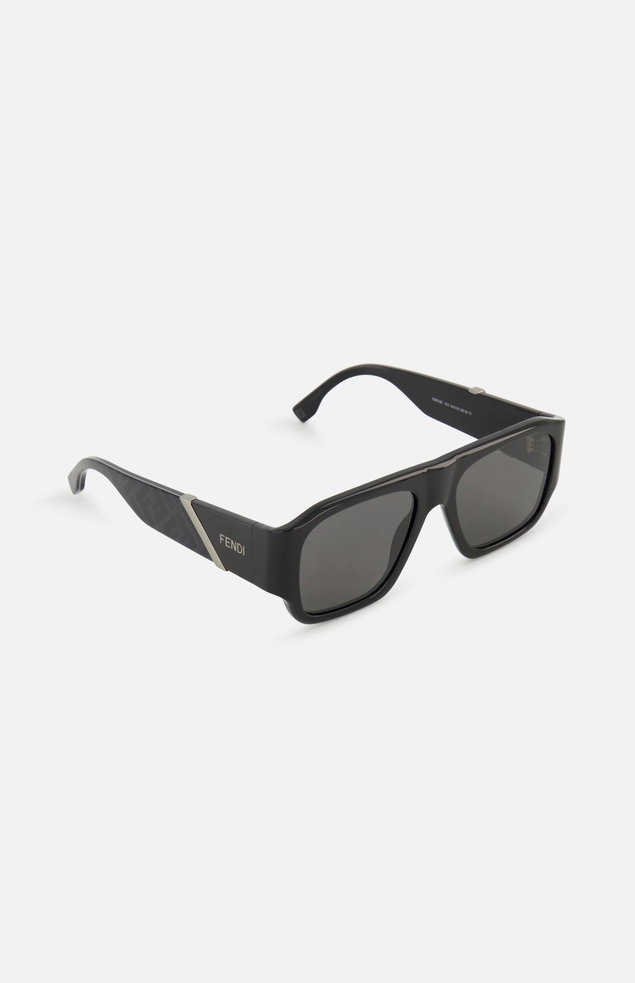FENDI Square Black Sunglasses with dark lenses and metallic logo details on the arms are shown on a white background.