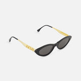 FENDI Cat Eye Black Sunglasses feature dark lenses and wide gold temples with a decorative hinge detail—bold statement eyewear by FENDI, shown on a white background.