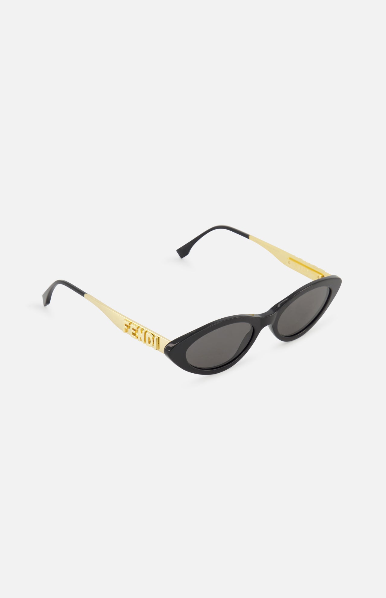 FENDI Cat Eye Black Sunglasses feature dark lenses and wide gold temples with a decorative hinge detail—bold statement eyewear by FENDI, shown on a white background.