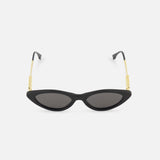 FENDI Cat Eye Black Sunglasses featuring a bold black frame, dark lenses, and gold metal arms, showcased on a plain white background.