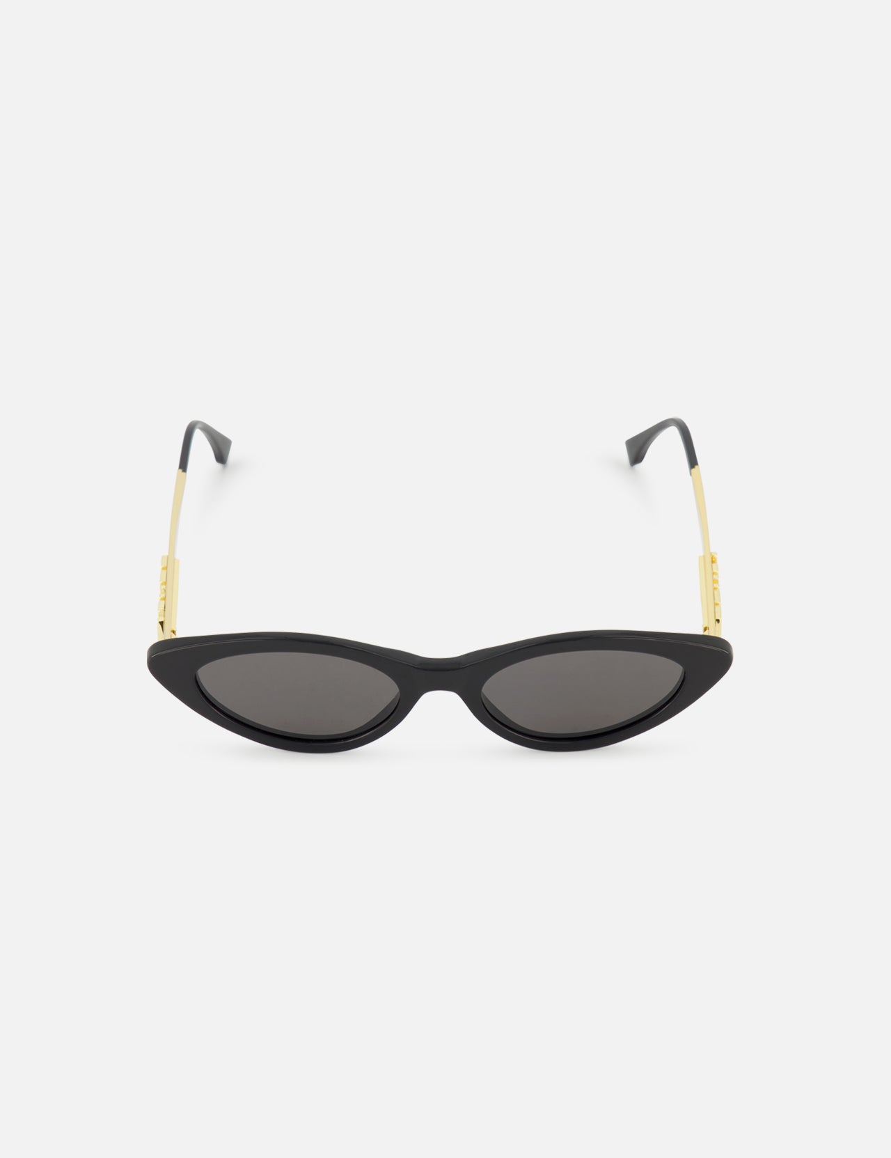 FENDI Cat Eye Black Sunglasses featuring a bold black frame, dark lenses, and gold metal arms, showcased on a plain white background.