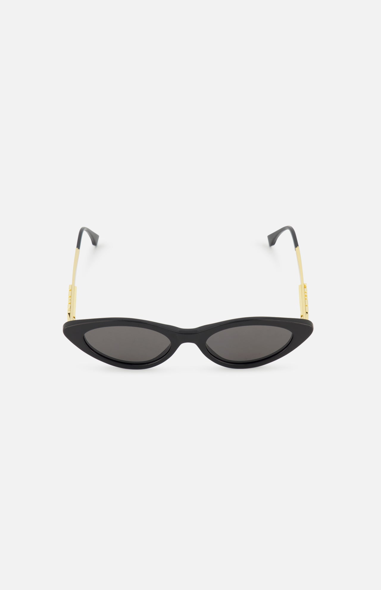 FENDI Cat Eye Black Sunglasses featuring a bold black frame, dark lenses, and gold metal arms, showcased on a plain white background.