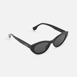 The Fendi Cat Eye Black Sunglasses by FENDI feature dark lenses, thick frames, and gold branding on the temples. Chic and striking, these designer sunglasses are displayed against a white background.