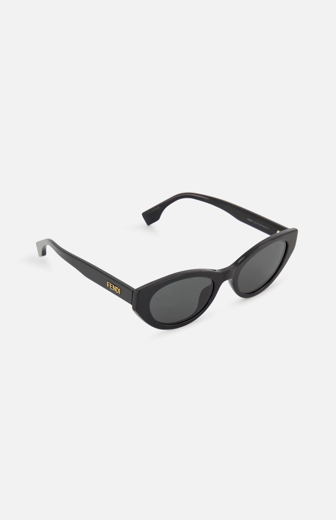 The Fendi Cat Eye Black Sunglasses by FENDI feature dark lenses, thick frames, and gold branding on the temples. Chic and striking, these designer sunglasses are displayed against a white background.