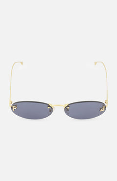 Fendi Oval Gold Sunglasses by FENDI, featuring dark lenses and thin gold frames with subtle gold Fendi lettering on the arms, shown from the front against a white background.
