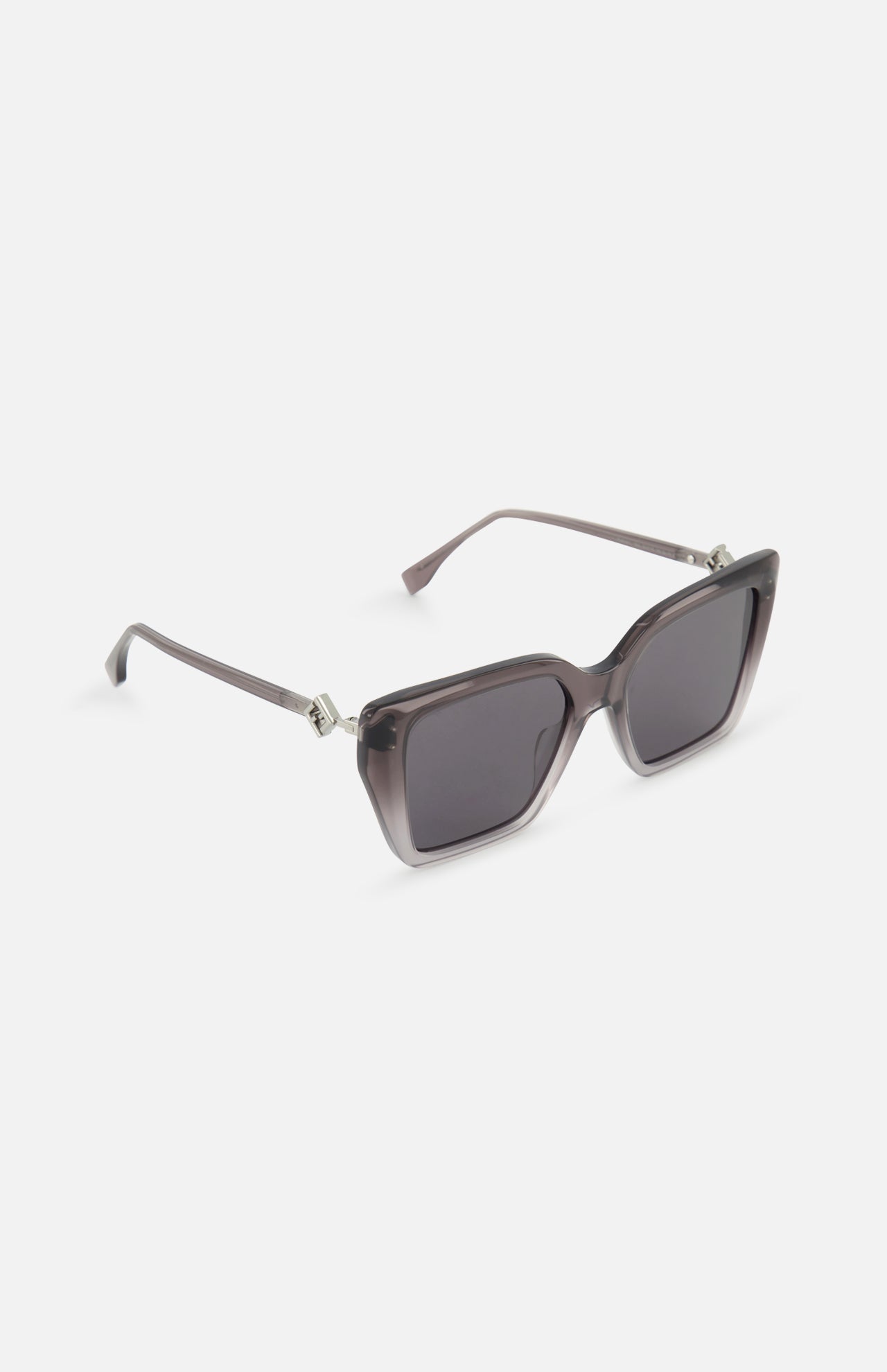 The Fendi Square Grey Sunglasses by FENDI feature thick, translucent grey square frames, slim matching arms, dark-tinted lenses, and a signature FF diamonds hinge logo—shown on a white background.