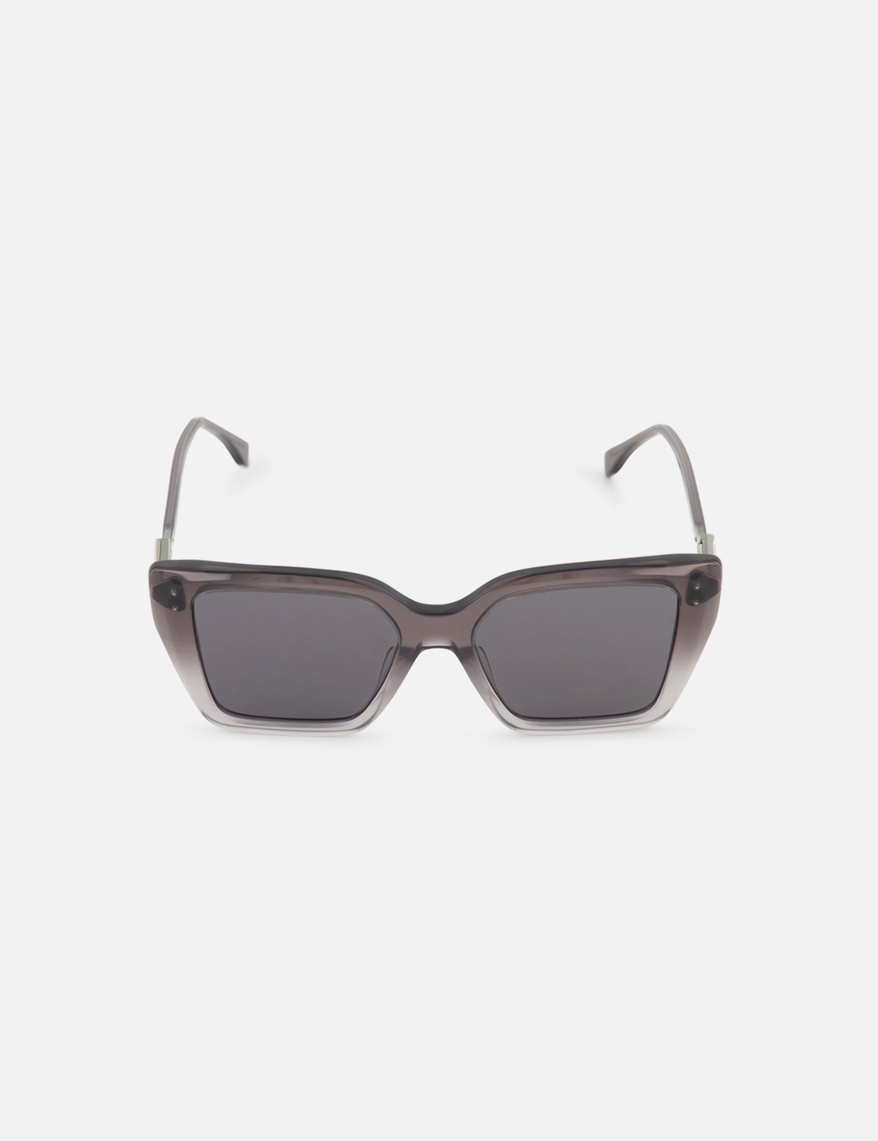 Front view of Fendi Square Grey Sunglasses by FENDI, featuring dark square frames with a glossy finish, black-tinted lenses, and the signature FF diamonds hinge logo, displayed on a plain white background.