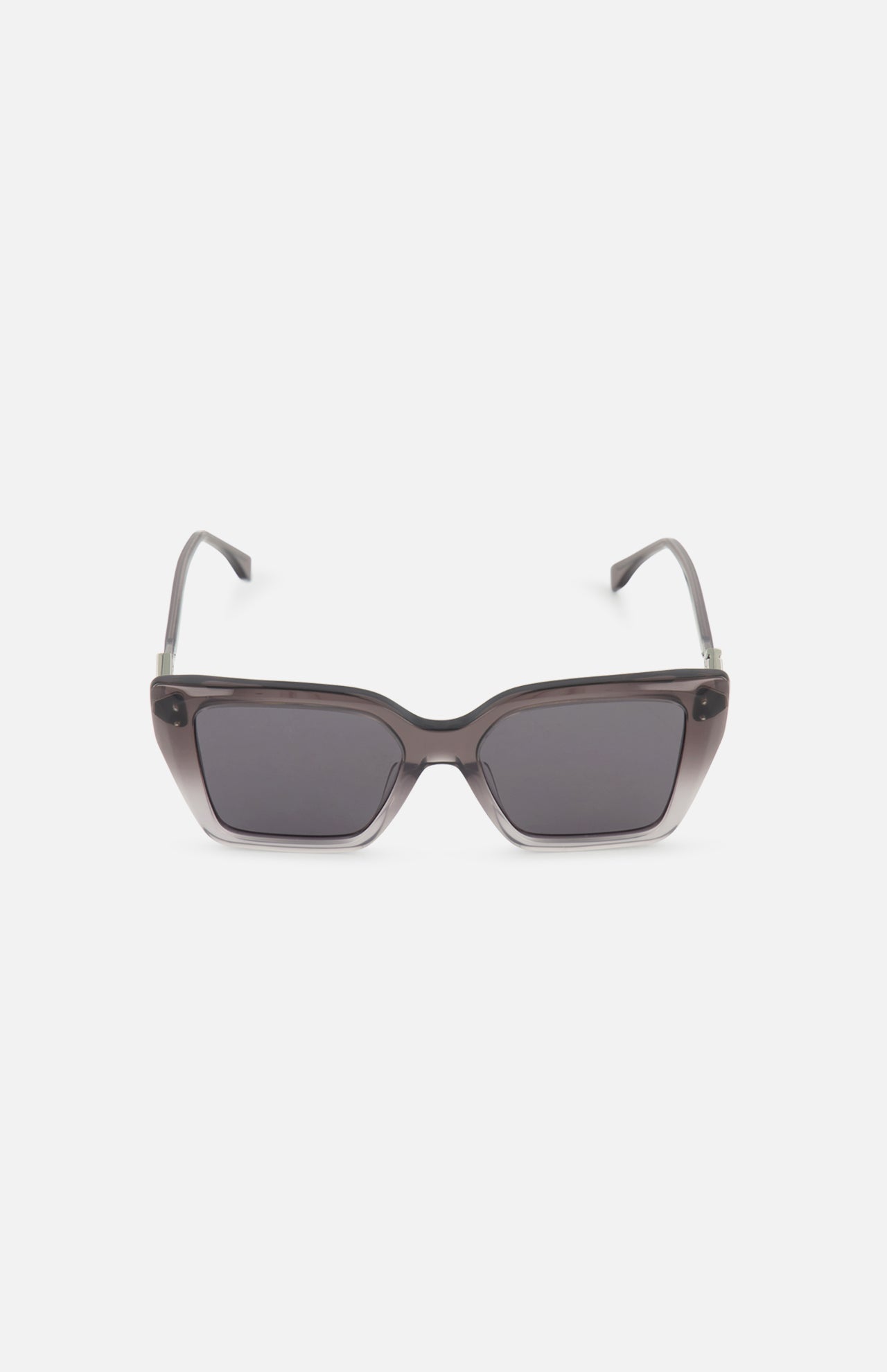 Front view of Fendi Square Grey Sunglasses by FENDI, featuring dark square frames with a glossy finish, black-tinted lenses, and the signature FF diamonds hinge logo, displayed on a plain white background.