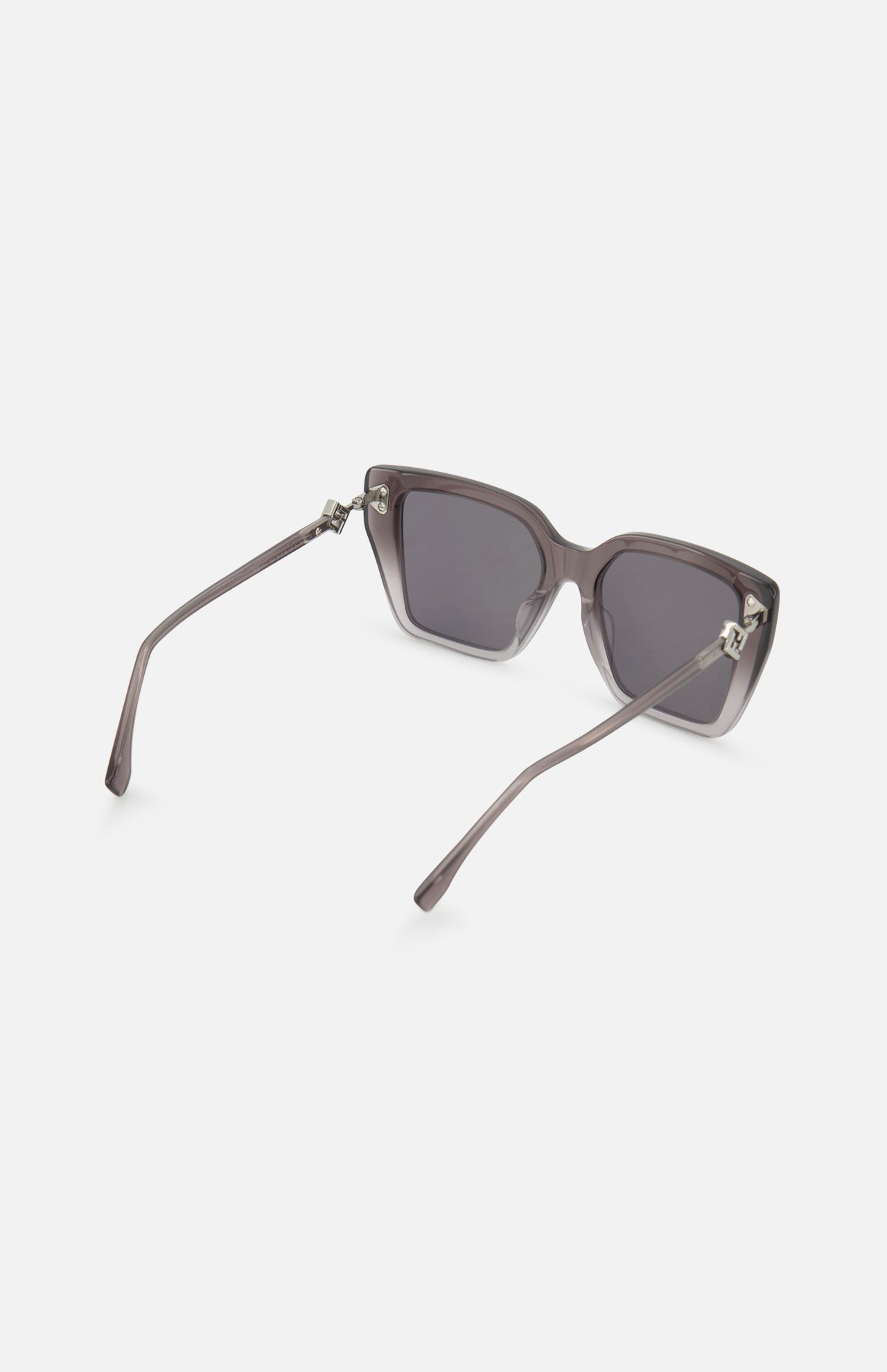 Fendi Square Grey Sunglasses by FENDI shown from the back, featuring bold square frames, dark tinted lenses, and both arms extended to display the FF diamonds hinge logo against a plain white background.