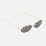 FENDI Oval Gold Sunglasses featuring a sleek gold metal oval frame, dark lenses, and thin arms, are displayed on a white background.
