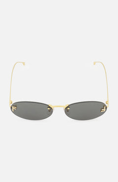The FENDI Oval Gold Sunglasses feature a sleek gold metal frame and dark tinted lenses, presented against a plain white background.