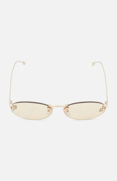 The FENDI Oval Rose Gold Sunglasses feature thin, rose gold metal frames and light yellow-tinted lenses, displayed against a plain white background.