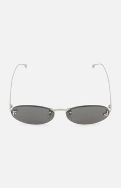 Fendi Oval Silver Sunglasses by FENDI featuring thin silver metal arms and black tinted lenses, showcased on a white background.
