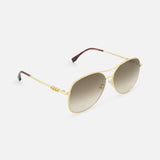FENDI Aviator Gold Sunglasses feature thin gold metal frames, brown gradient lenses, and brown temple tips, displayed on a white background.