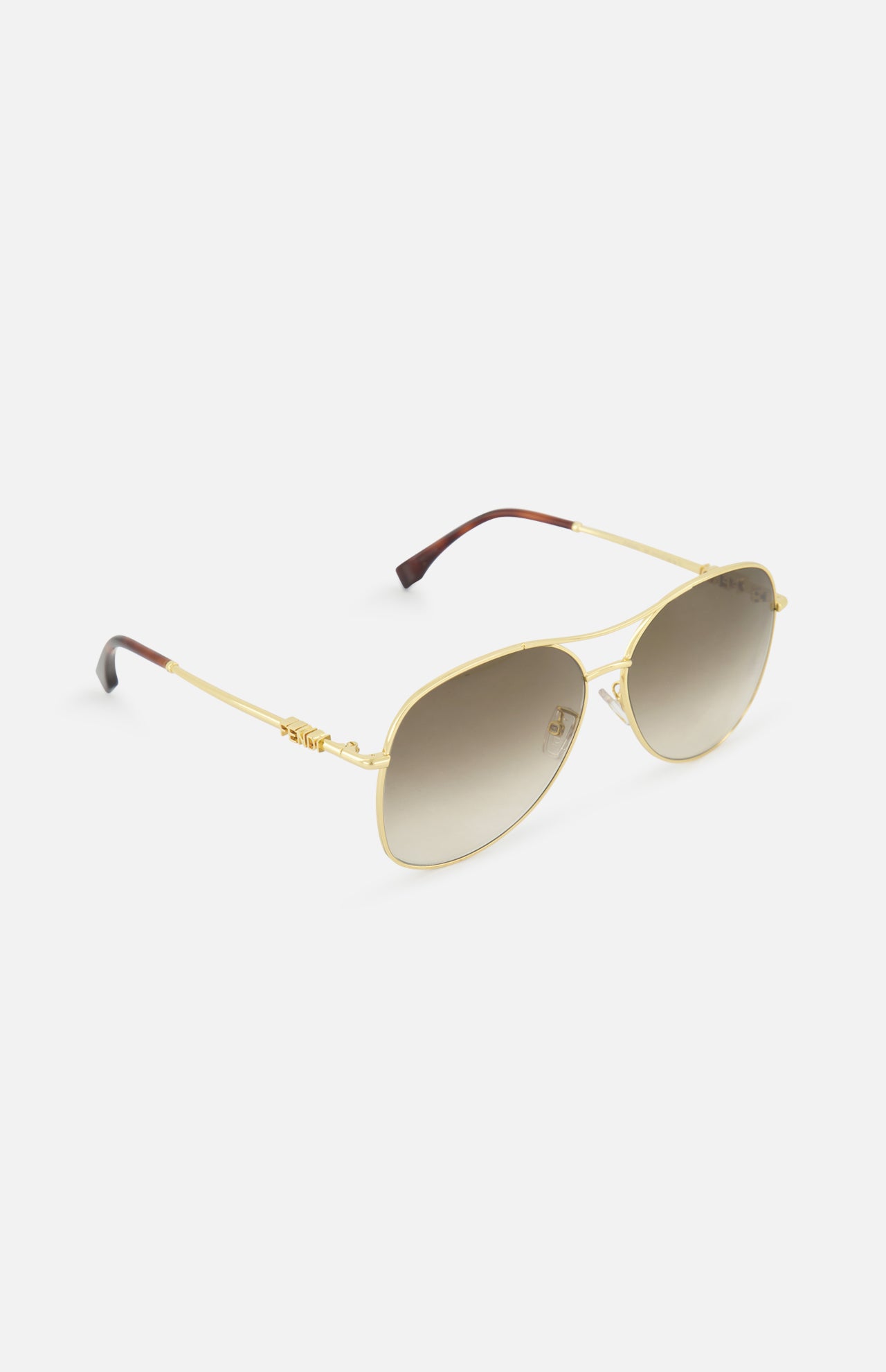 FENDI Aviator Gold Sunglasses feature thin gold metal frames, brown gradient lenses, and brown temple tips, displayed on a white background.
