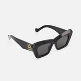 LOEWE Cat Eye Black Sunglasses feature thick acetate frames, dark lenses, and a gold logo on the temples, shown on a white background for a signature designer look.