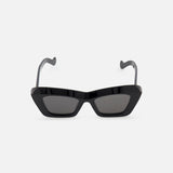 The LOEWE Cat Eye Black Sunglasses feature bold, angular acetate frames and dark lenses for a modern look. Shown front-facing against a white background, these designer sunglasses highlight the brand's sleek style.
