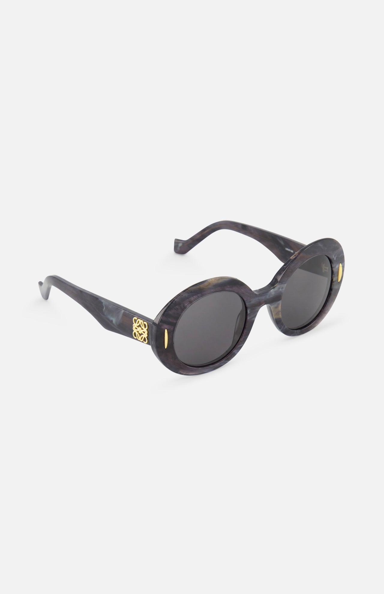 LOEWE Round Grey-black Sunglasses feature oval-shaped, marble-inspired thick black frames, dark grey lenses, and gold accents on the hinges, shown against a white background.