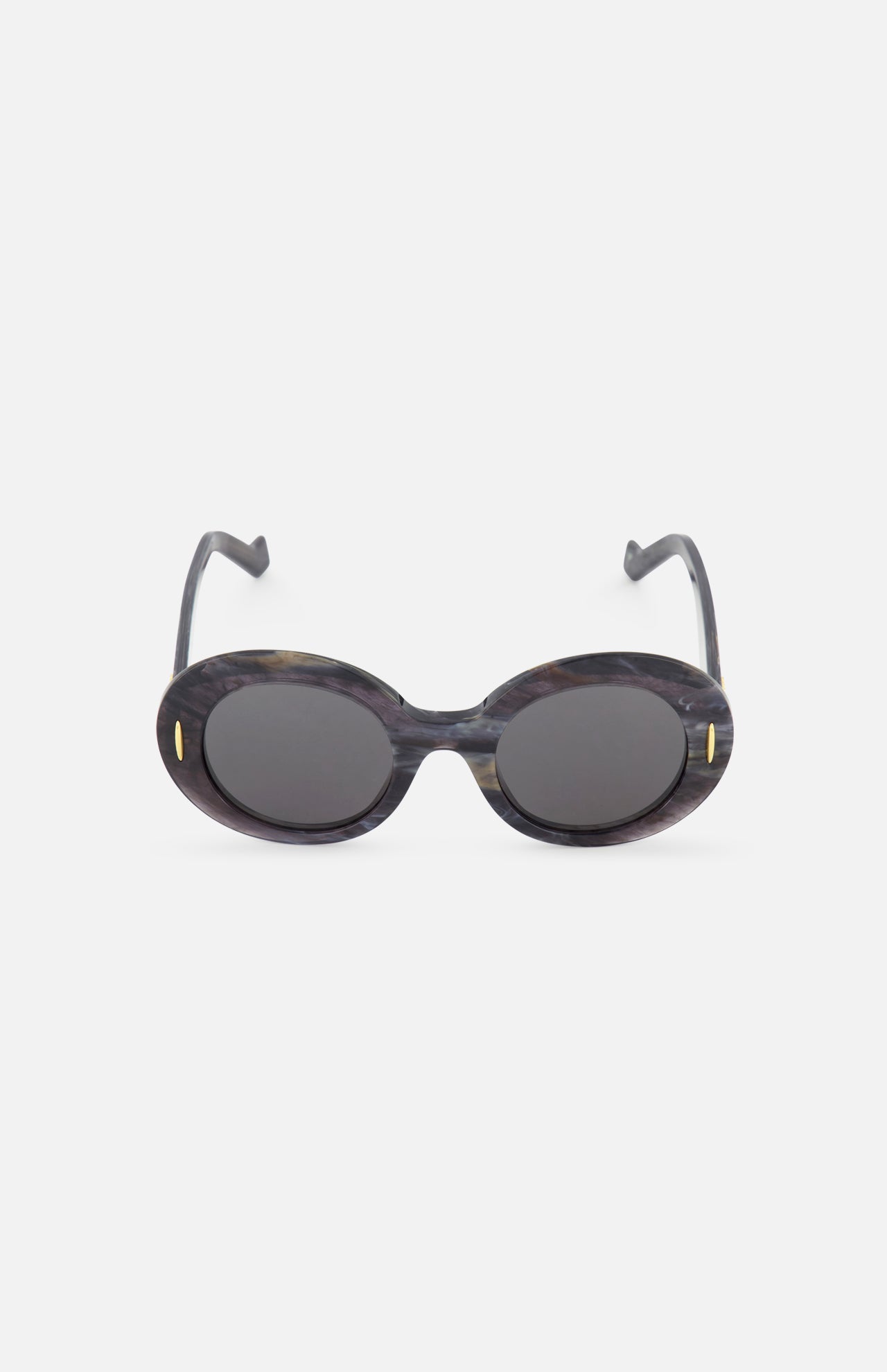 Loewe Round Grey-black Sunglasses by LOEWE feature marble-inspired round frames, dark grey lenses, gold oval accents beside the frames, and curved arms, shown against a plain white background.