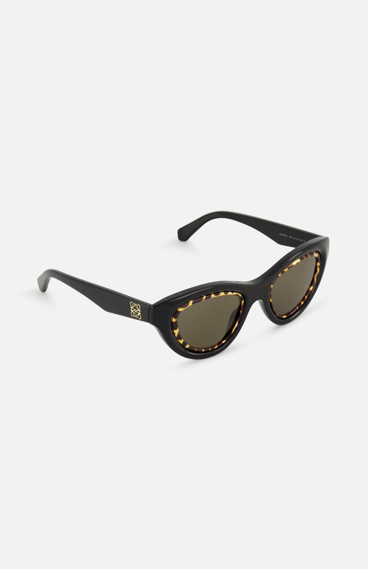 The Loewe Cat Eye Black Sunglasses by LOEWE feature glossy acetate frames with a tortoiseshell rim, brown lenses, and a gold logo detail on the temple for an elegant finish.
