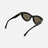 LOEWE Cat Eye Black Sunglasses, crafted in Italy from premium acetate with dark lenses, thick arms, and gold accents at the hinges, are shown against a light gray background.