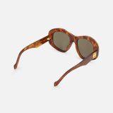 LOEWE Oval Brown Tortoiseshell Sunglasses with rectangular lenses, gold temple logo, and gently curved arms, shown on a white background.
