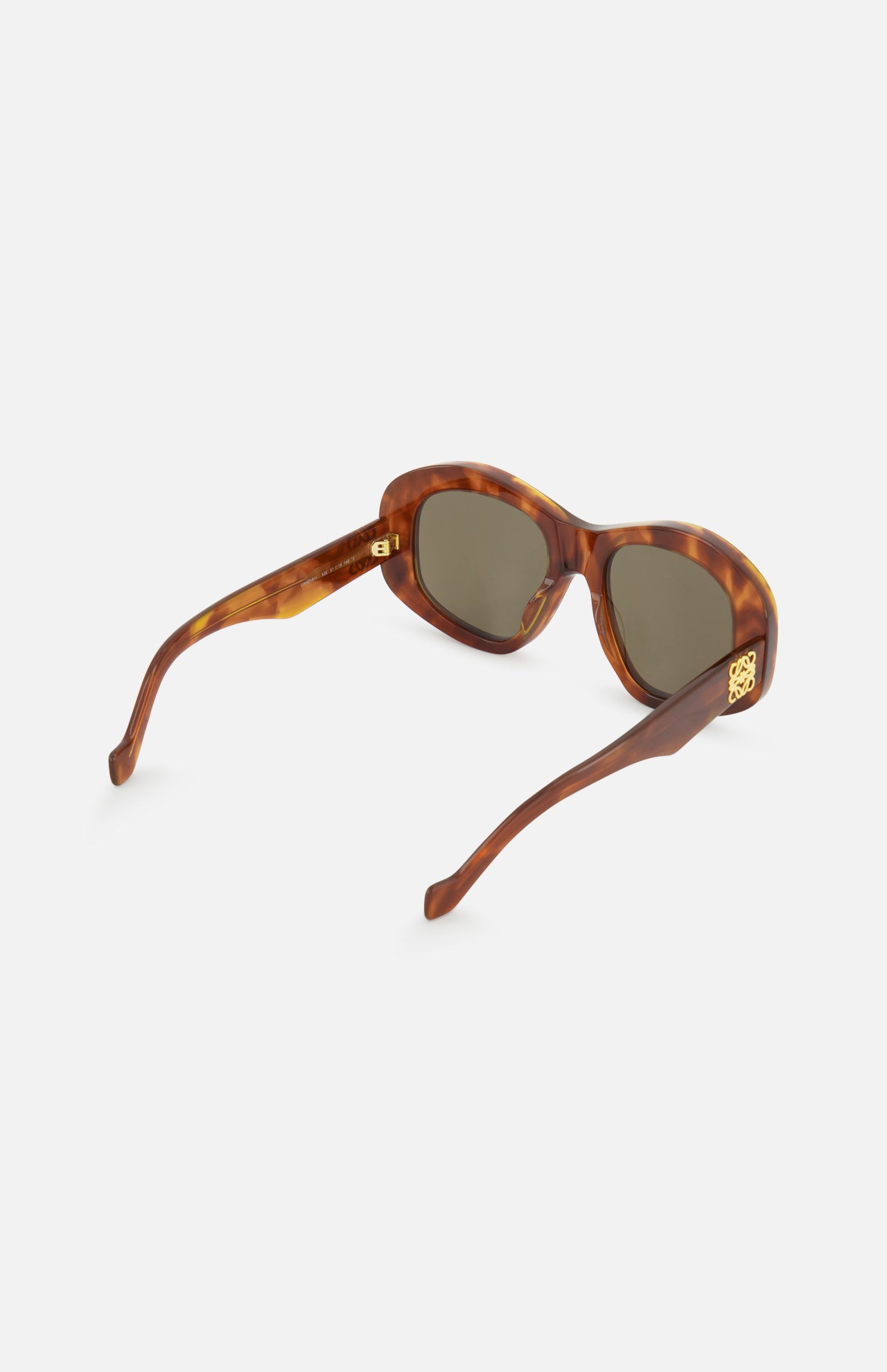 LOEWE Oval Brown Tortoiseshell Sunglasses with rectangular lenses, gold temple logo, and gently curved arms, shown on a white background.