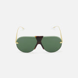 LOEWE Aviator Gold Sunglasses feature green lenses, gold wire arms, and a classic tortoiseshell bridge, shown against a white background.