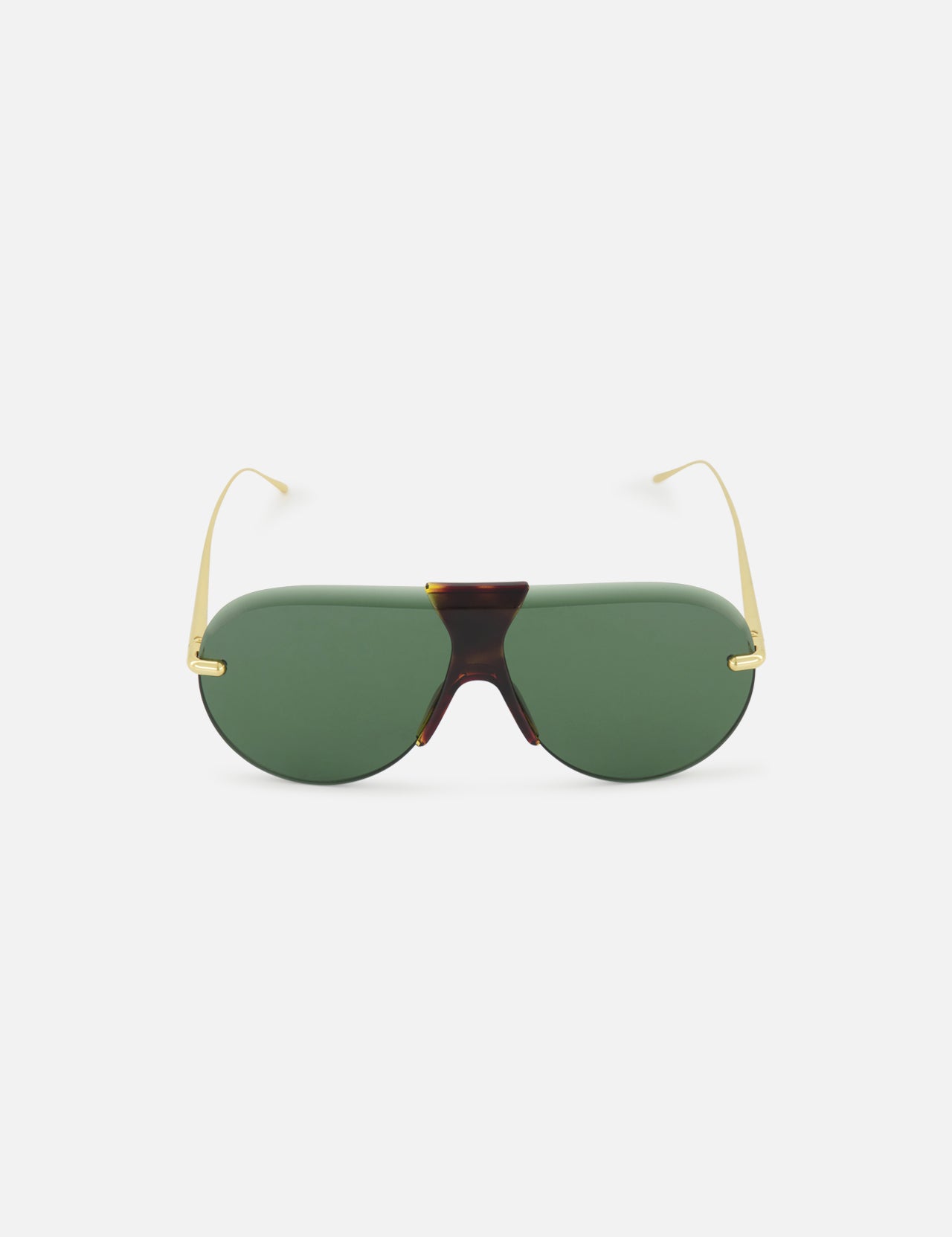 LOEWE Aviator Gold Sunglasses feature green lenses, gold wire arms, and a classic tortoiseshell bridge, shown against a white background.