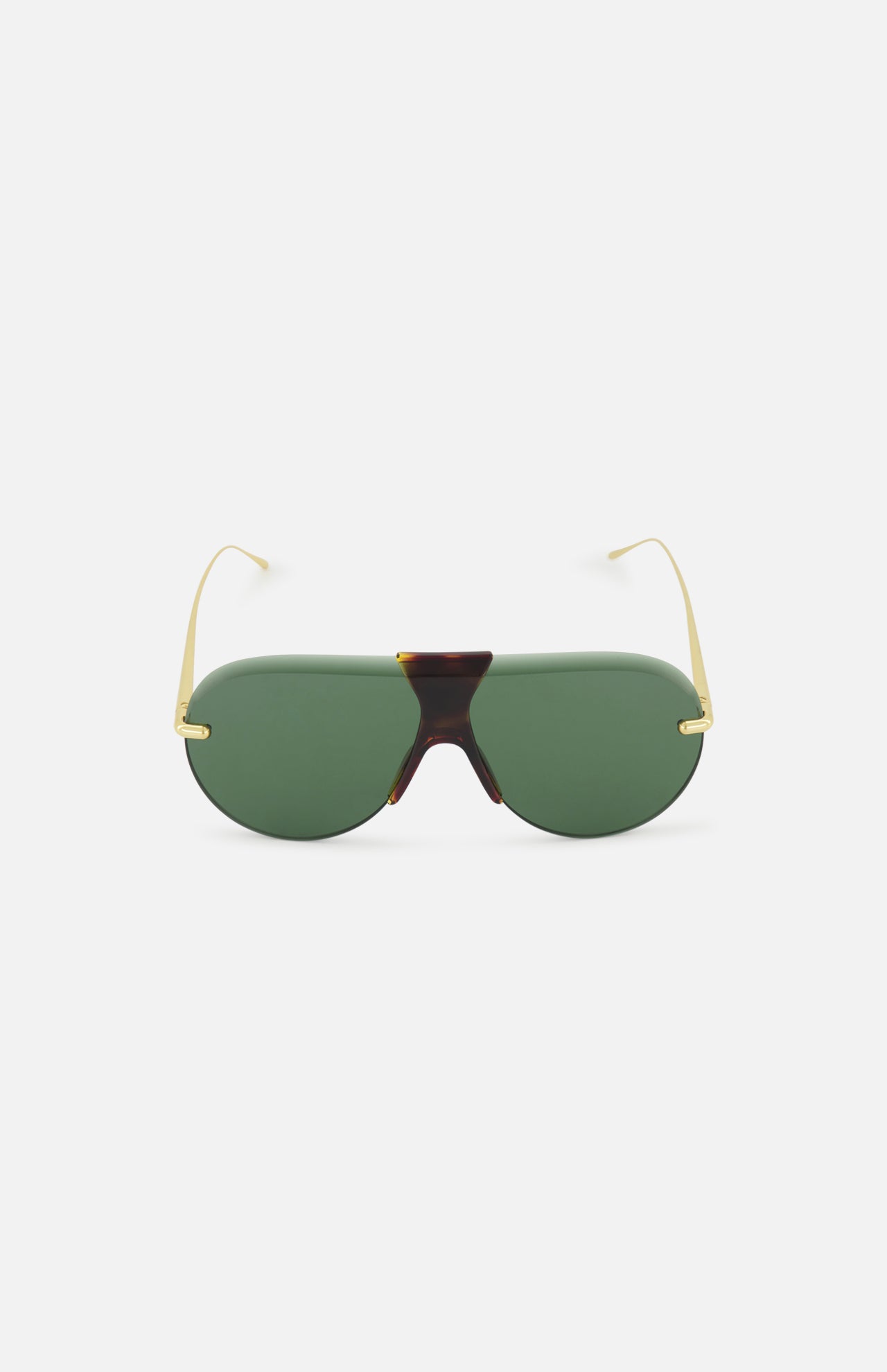 LOEWE Aviator Gold Sunglasses feature green lenses, gold wire arms, and a classic tortoiseshell bridge, shown against a white background.
