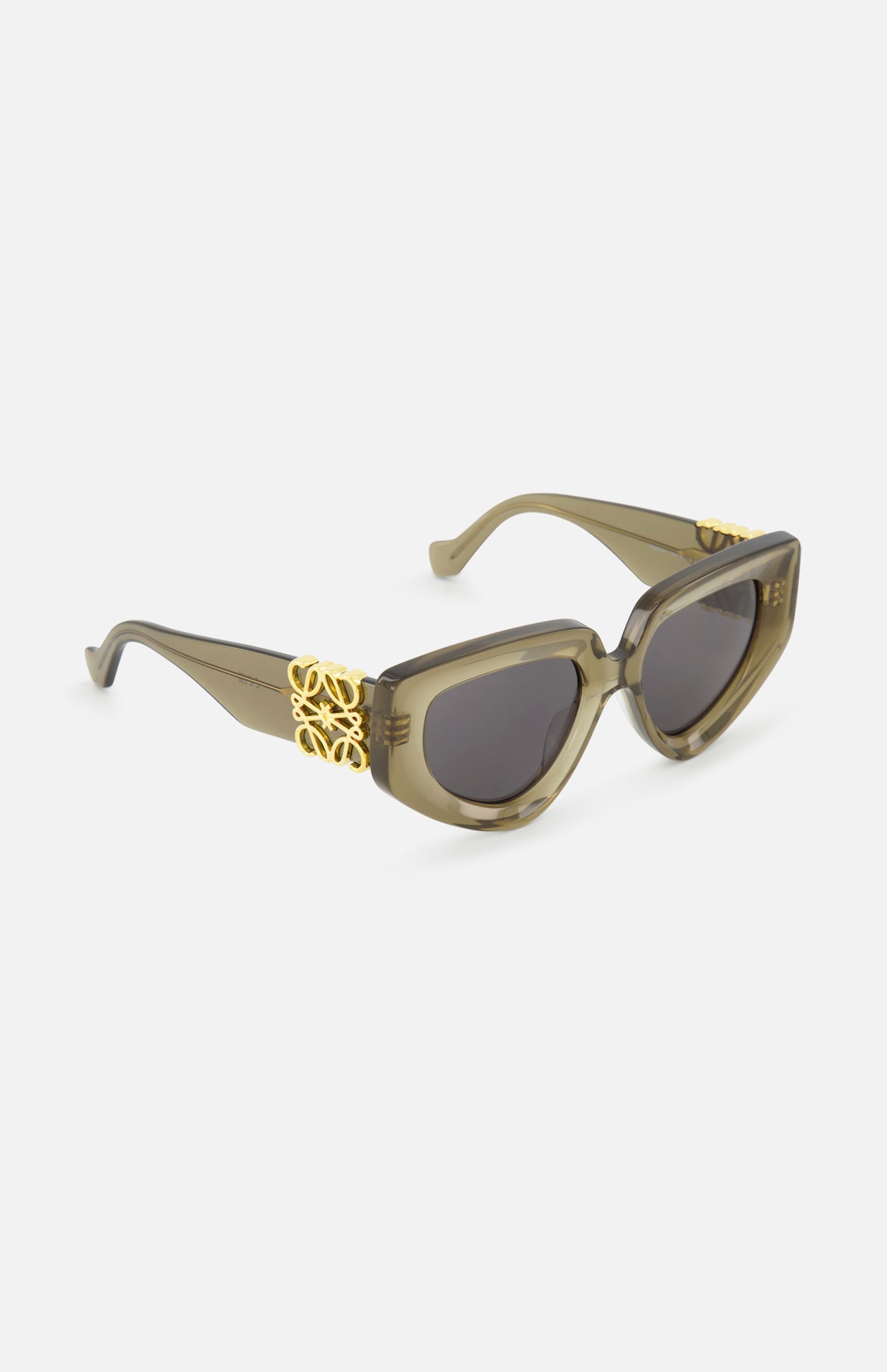Loewe Cat Eye Taupe Sunglasses by LOEWE feature thick acetate cat-eye frames, taupe color, smoke lenses, and gold accents on the temples, shown against a plain white background.