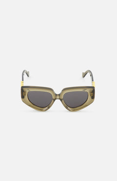 Front view of Loewe Cat Eye Taupe Sunglasses by LOEWE, featuring taupe acetate cat-eye frames with olive green translucent accents and smoke lenses, displayed on a plain white background.