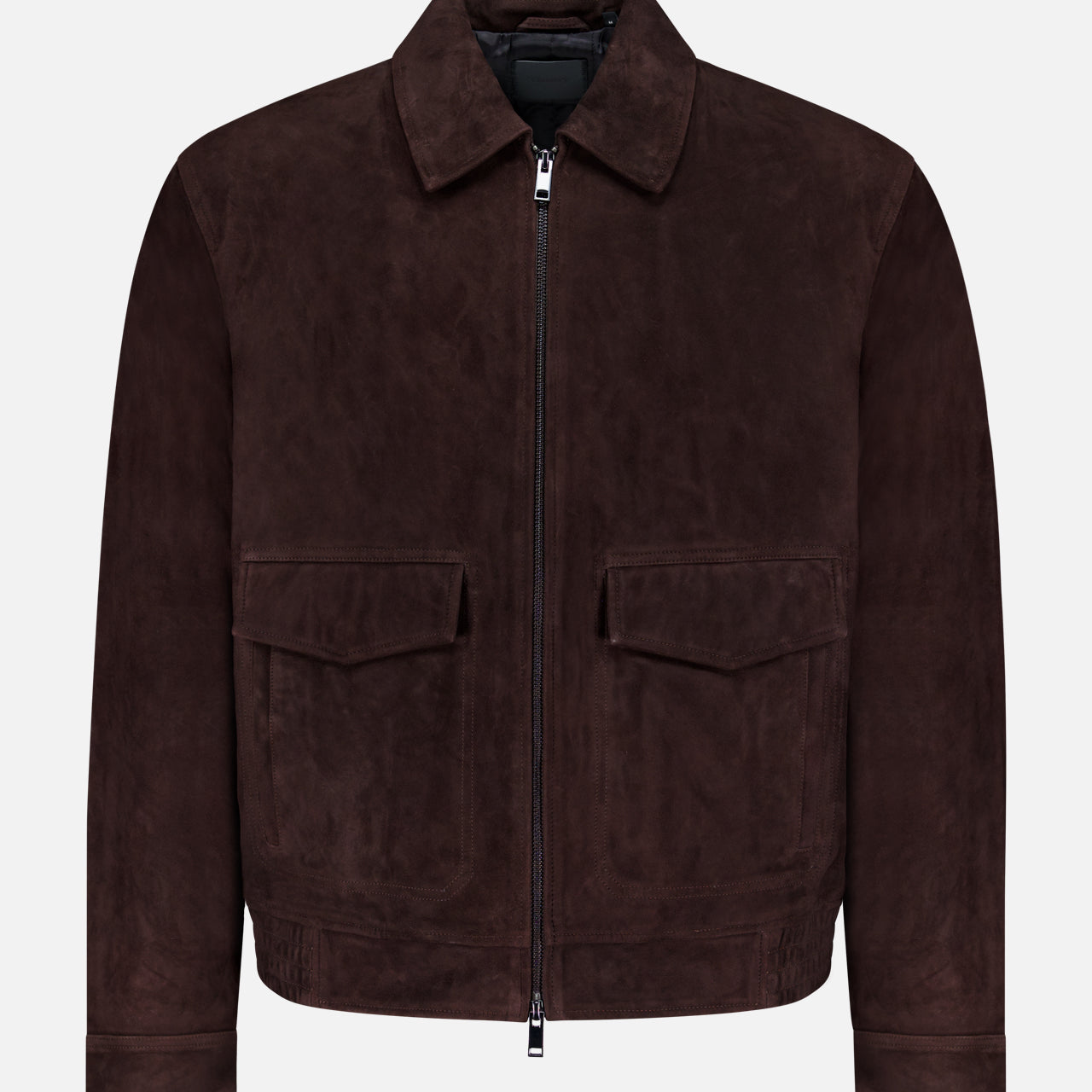 The THEORY Aviator Lamb Leather Jacket features dark brown lamb leather, a front zipper, two large flap chest pockets, a straight collar, and long sleeves. This men's jacket is shown against a plain white background.
