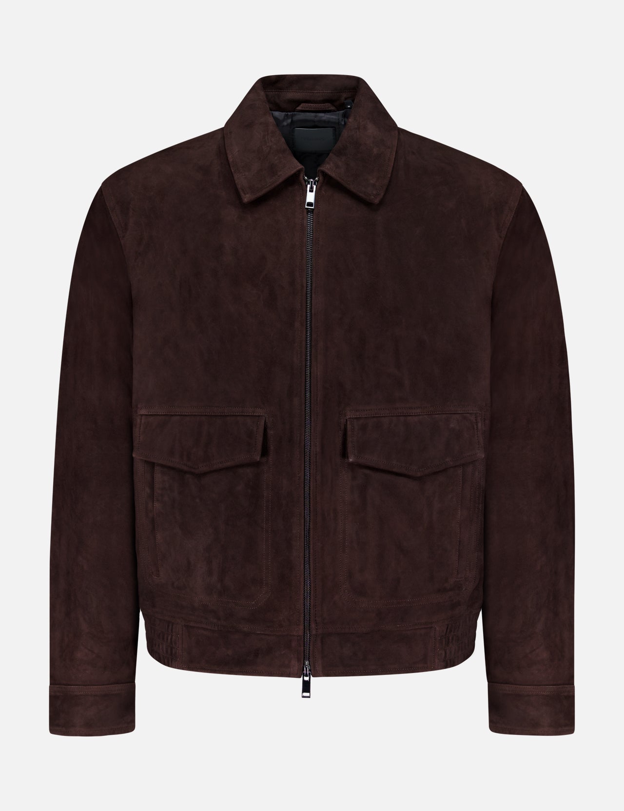 The THEORY Aviator Lamb Leather Jacket features dark brown lamb leather, a front zipper, two large flap chest pockets, a straight collar, and long sleeves. This men's jacket is shown against a plain white background.