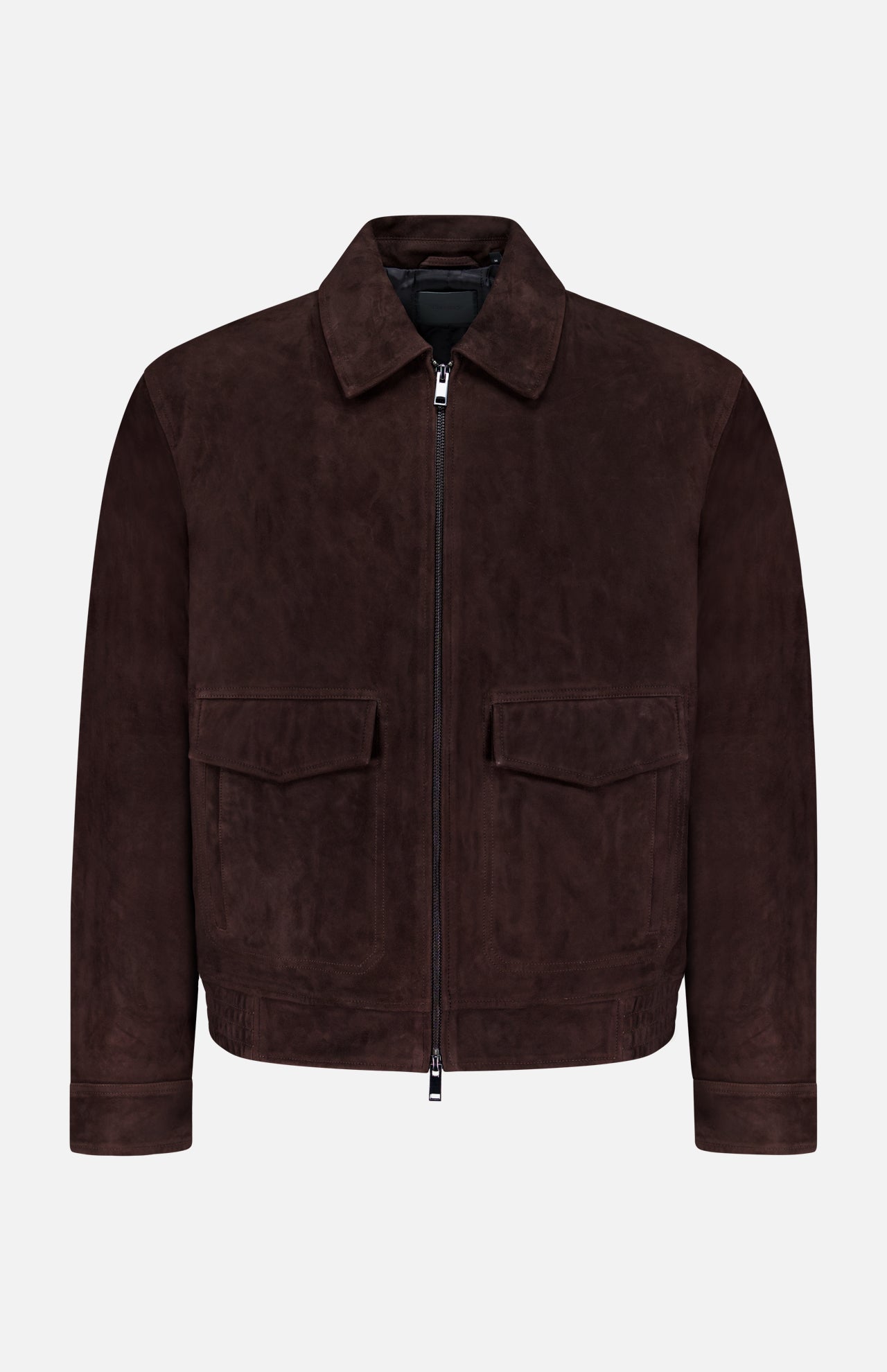 The THEORY Aviator Lamb Leather Jacket features dark brown lamb leather, a front zipper, two large flap chest pockets, a straight collar, and long sleeves. This men's jacket is shown against a plain white background.