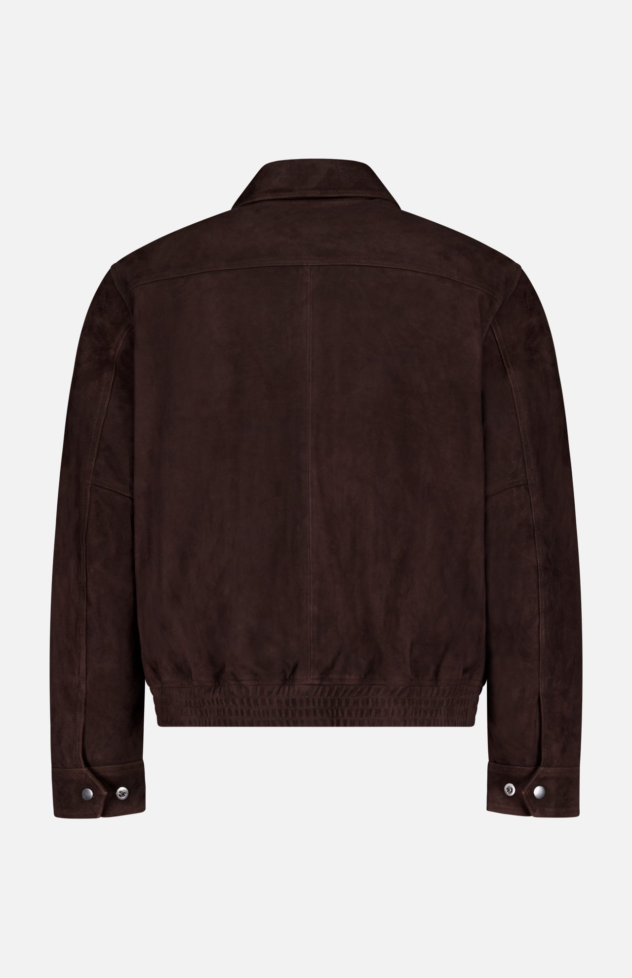 Back view of the THEORY Aviator Lamb Leather Jacket in dark brown leather, featuring a collar, long sleeves, buttoned cuffs, and an elasticized waistband, shown against a plain white background.