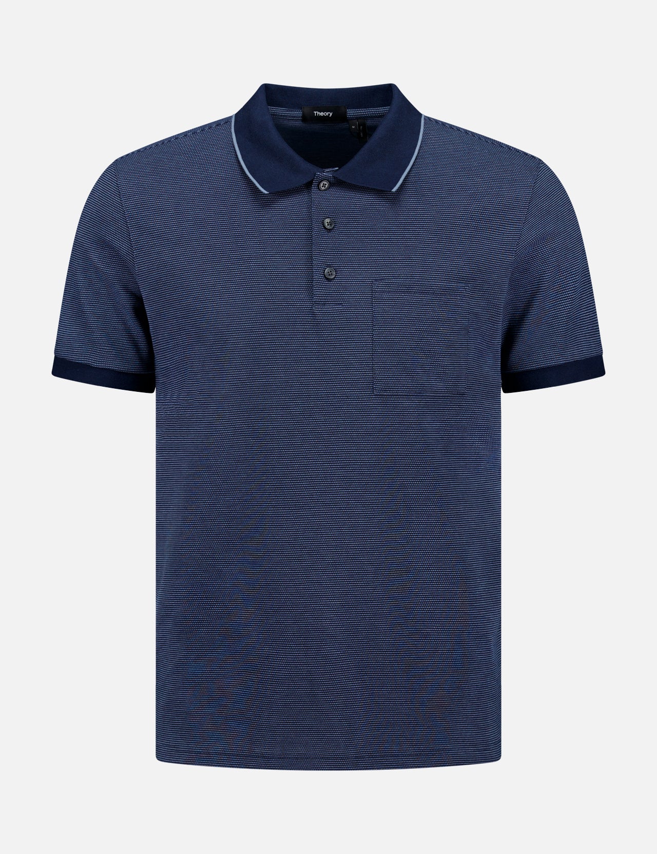 THEORY Birdseye Striped Polo Shirt in navy blue cotton pique features a front chest pocket, three-button placket, and contrasting dark trim on the collar and sleeve cuffs, shown against a plain light background.