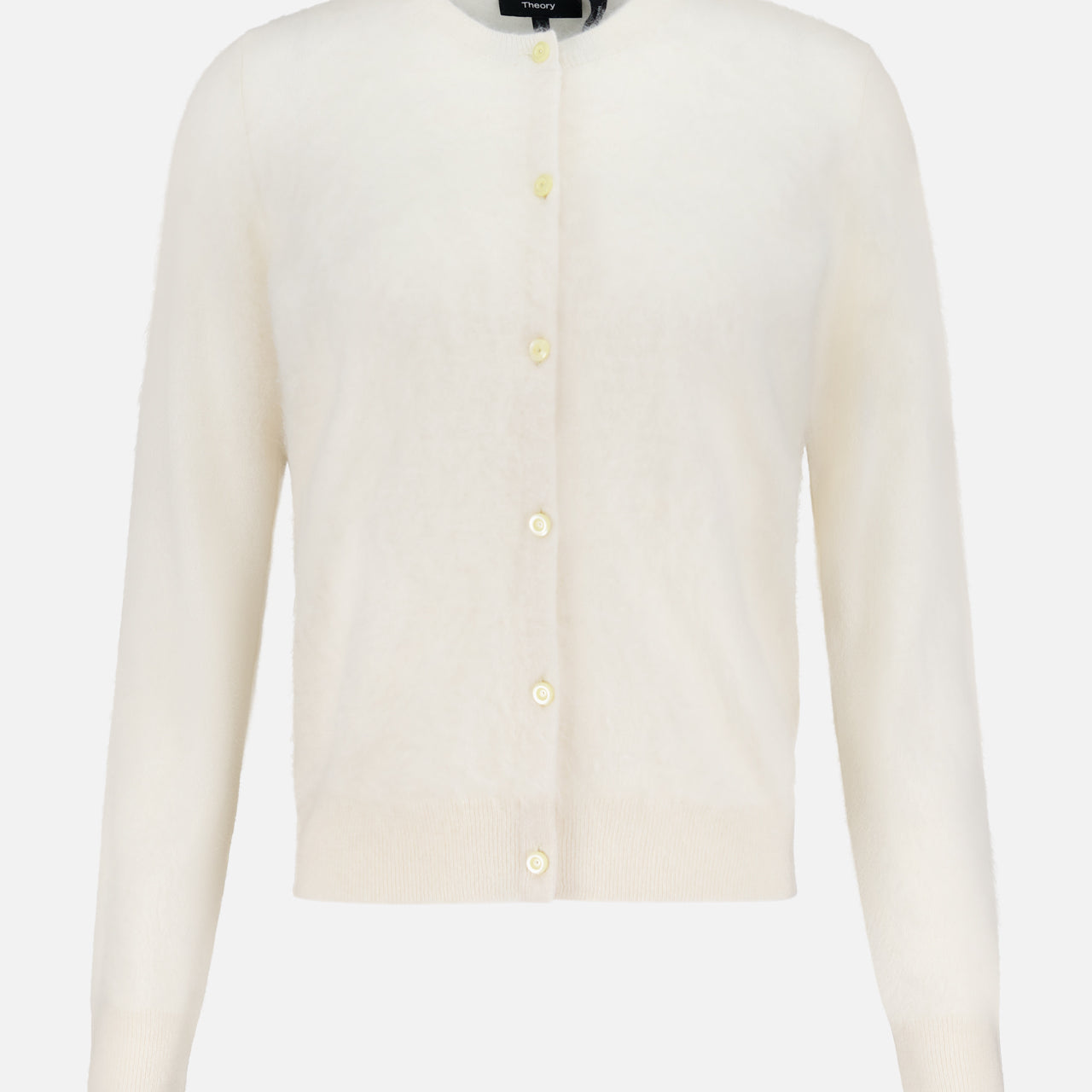 The THEORY Brushed Cashmere Cardigan in ivory features long sleeves, a button-up front, round neckline, and ribbed cuffs and hem, shown on a plain white background.