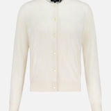 The THEORY Brushed Cashmere Cardigan in ivory features long sleeves, a button-up front, round neckline, and ribbed cuffs and hem, shown on a plain white background.