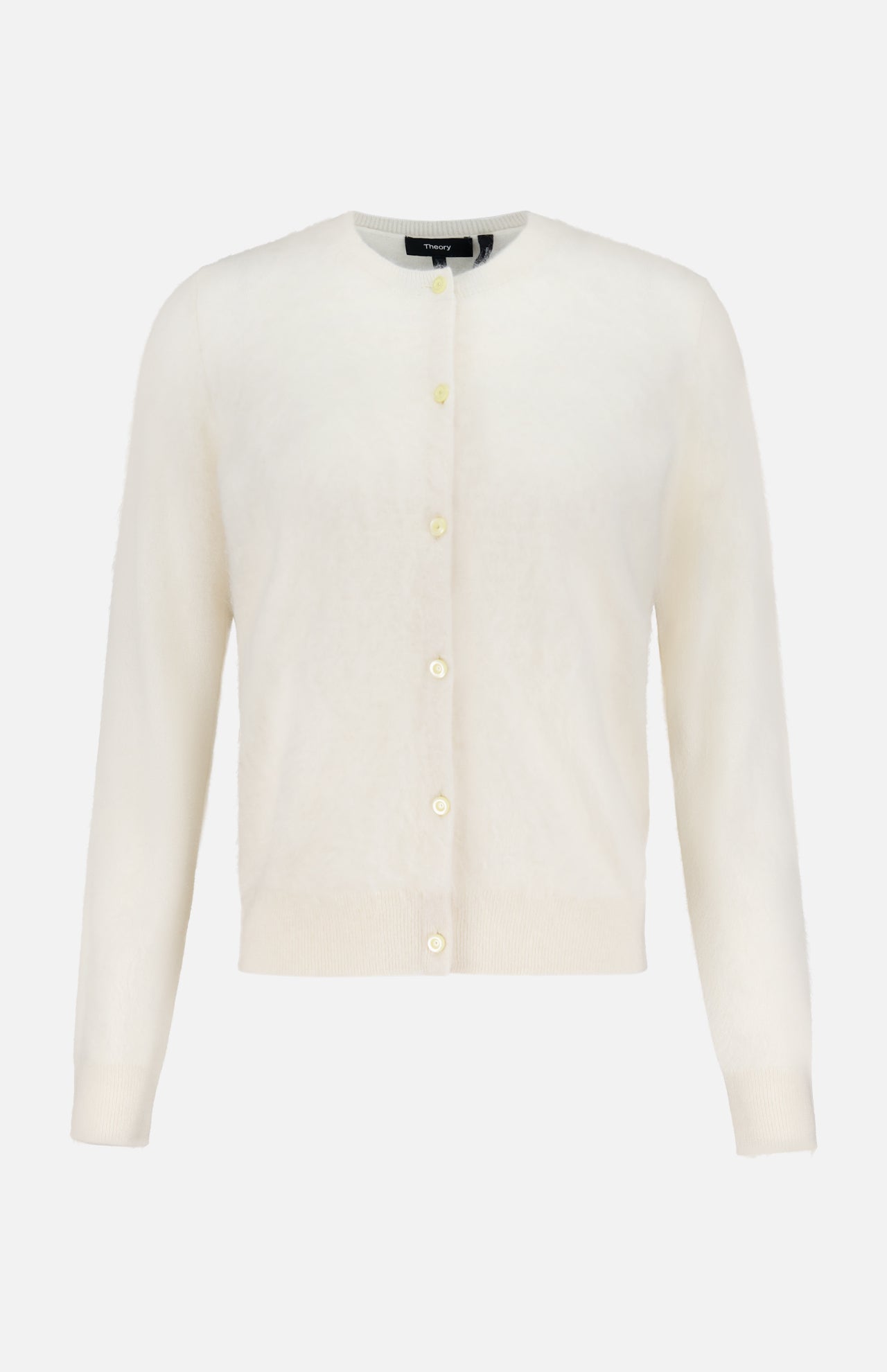 The THEORY Brushed Cashmere Cardigan in ivory features long sleeves, a button-up front, round neckline, and ribbed cuffs and hem, shown on a plain white background.