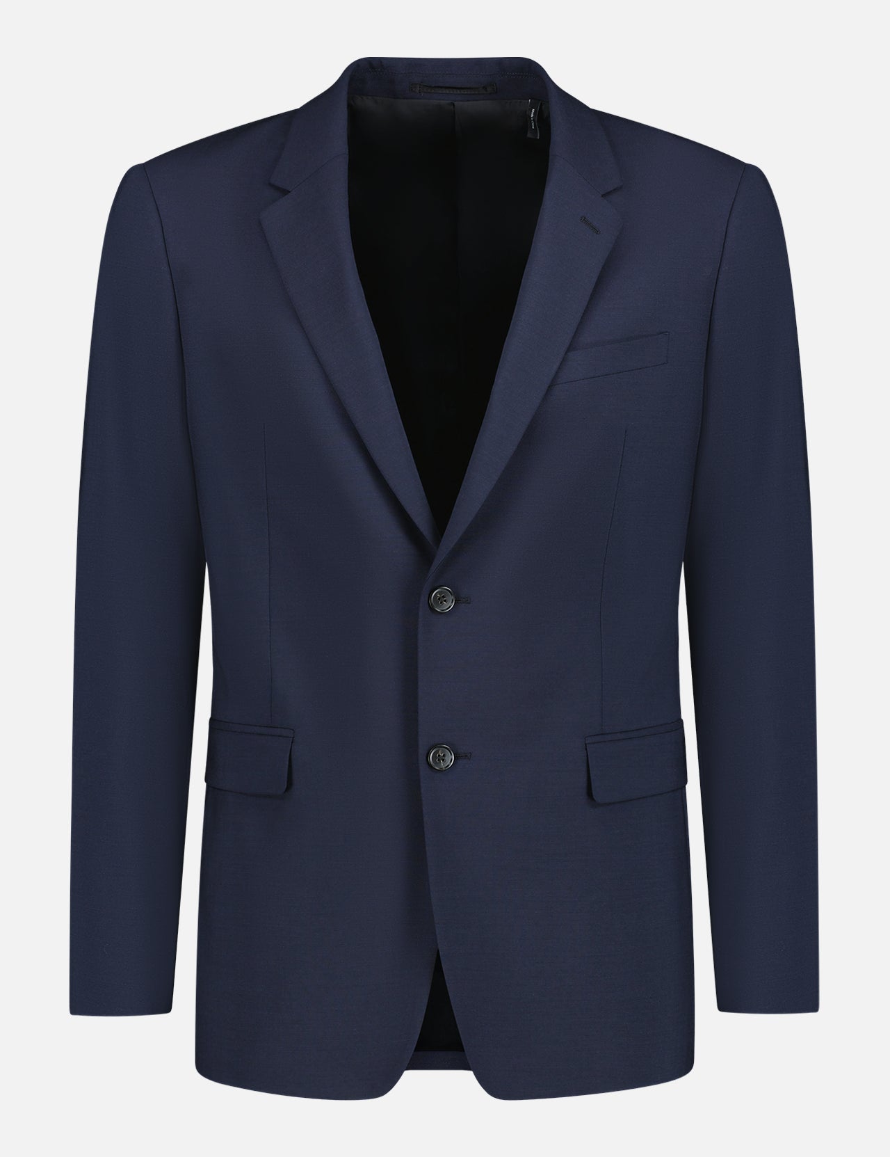 THEORY Chambers New Tailor 2 Suit Jacket for men in navy stretch wool features notch lapels, two buttons, chest and two flap pockets. Wrinkle-resistant design ensures all-day polish. Shown on a white background.