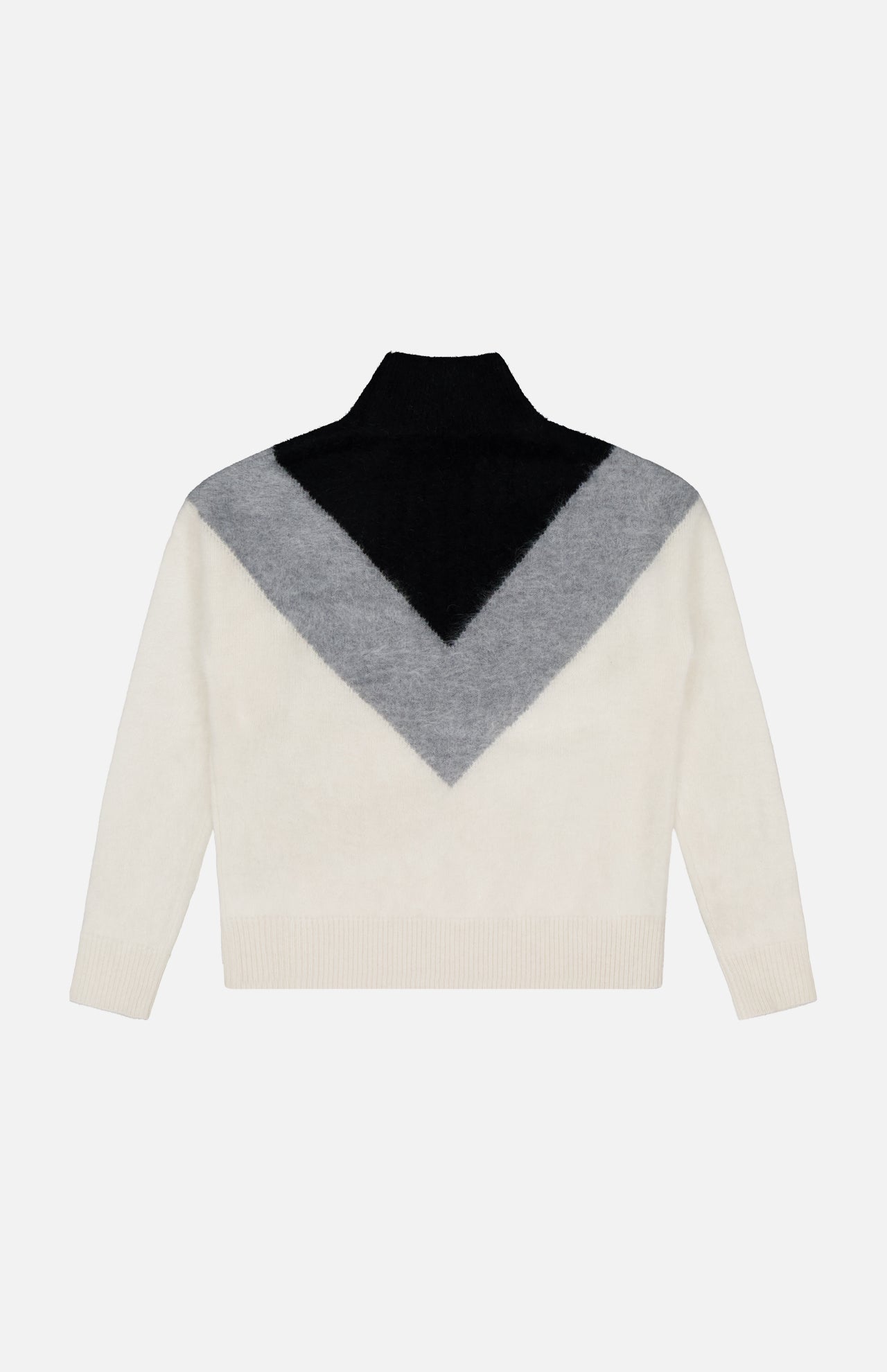 The THEORY Cashmere Chevron Yoke Sweater features a large black and gray chevron pattern on the upper white body, finished with a high collar plus ribbed cuffs and hem.