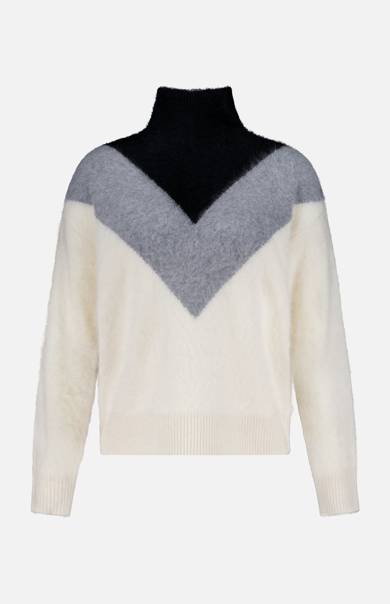 The THEORY Cashmere Chevron Yoke Sweater features a fuzzy, long-sleeve design with a high black collar, black upper chest, gray chevron V-shape midsection, and cream white sleeves and lower body.