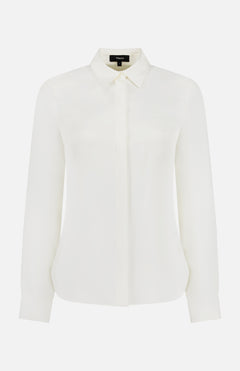 The THEORY Classic Fitted Shirt in Silk Georgette is a timeless women's office staple, featuring long sleeves, a button-up front, and collar in plain white, shown against a white background.