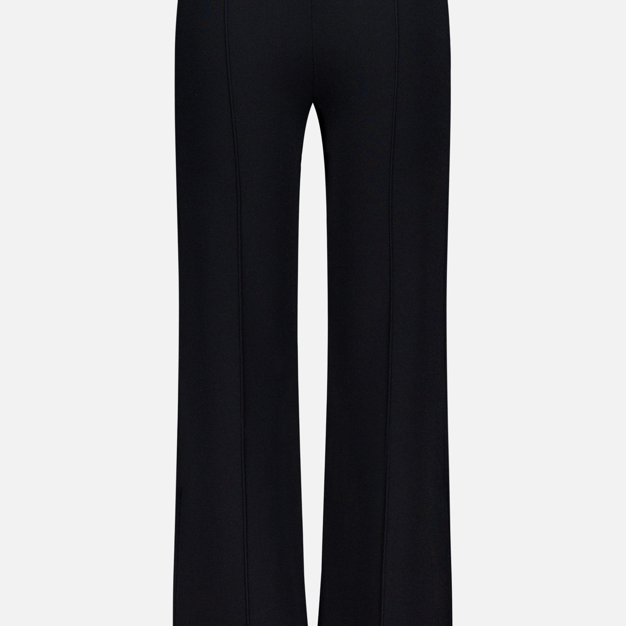 The THEORY Compact Cropped Kick Pant features a high waist, wide legs, and front seam detailing in black—ideal for office wear—shown against a plain white background.